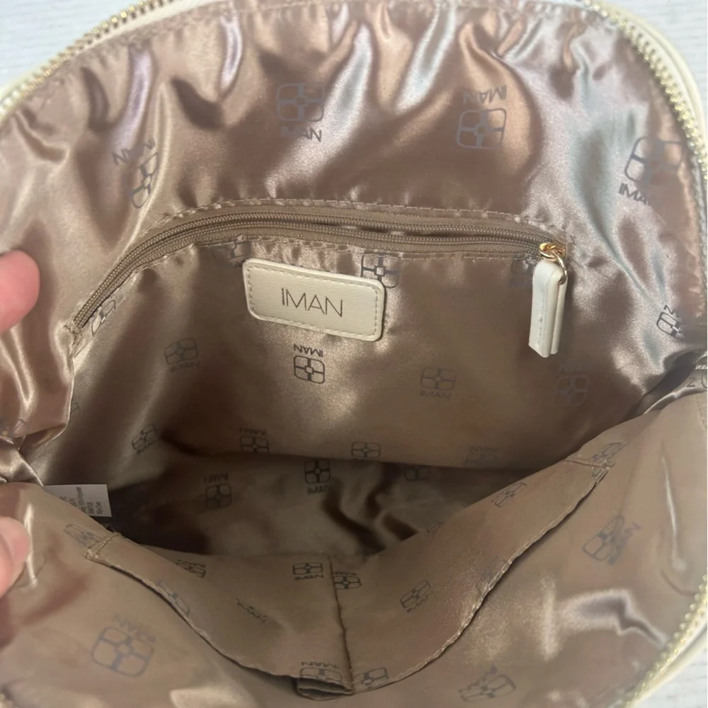 IMAN Gold Ring Handles Ivory Bag Global Chic Preppy Purse Handbag
